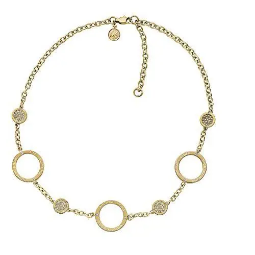 Michael Kors Gold Tone Etched Logo Ring Pave Round Statement Necklace MKJ3597
