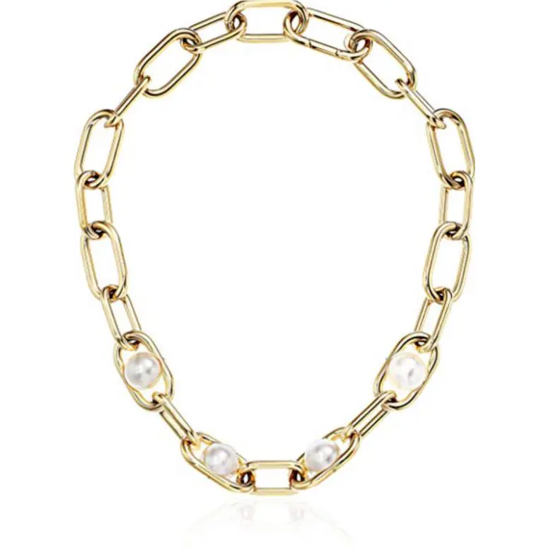 Michael Kors White Pearl Link Yellow Gold Chain Necklace MKJ6982710 + MK Box
