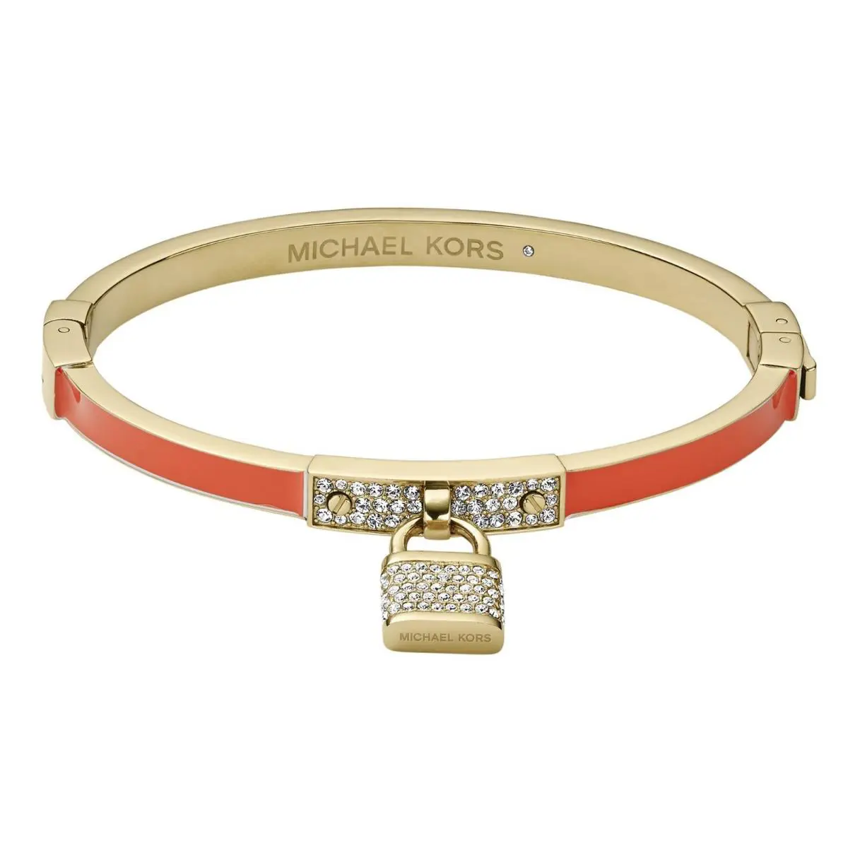 Michael Kors Womens Golden Brass Tangerine Enamel Crystal Padlock Bangle MKJ3302
