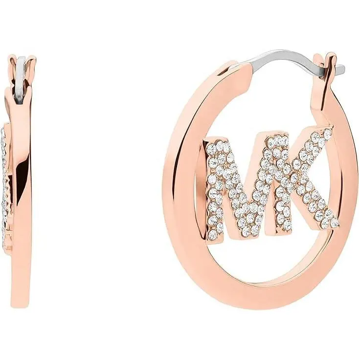 Michael Kors Rose Gold Tone MK Crystals Logo Open Hoop Earrings MKJ7637
