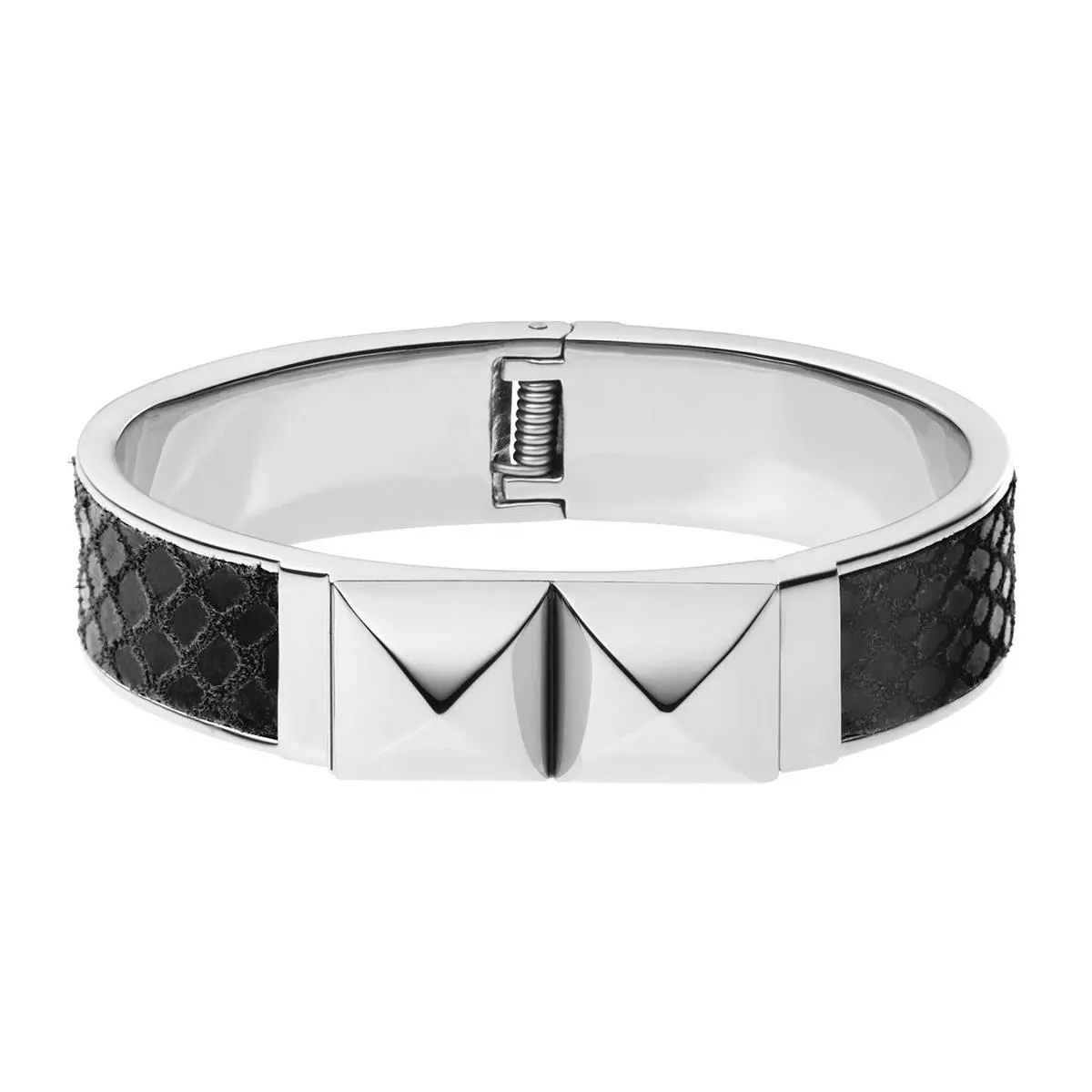 Michael Kors Silver+black Python Leather+pyramid Stud Bangle Bracelet MKJ2974