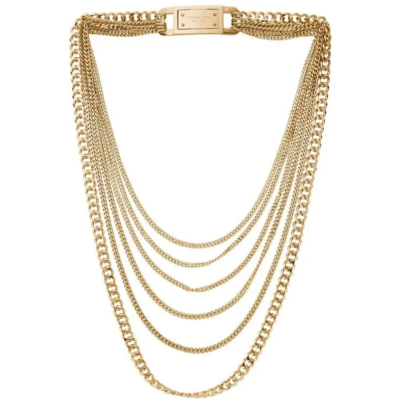 Michael Kors Gold Multi Strand Chain Link Logo Bar Hinge Necklace MKJ2920-$249.9