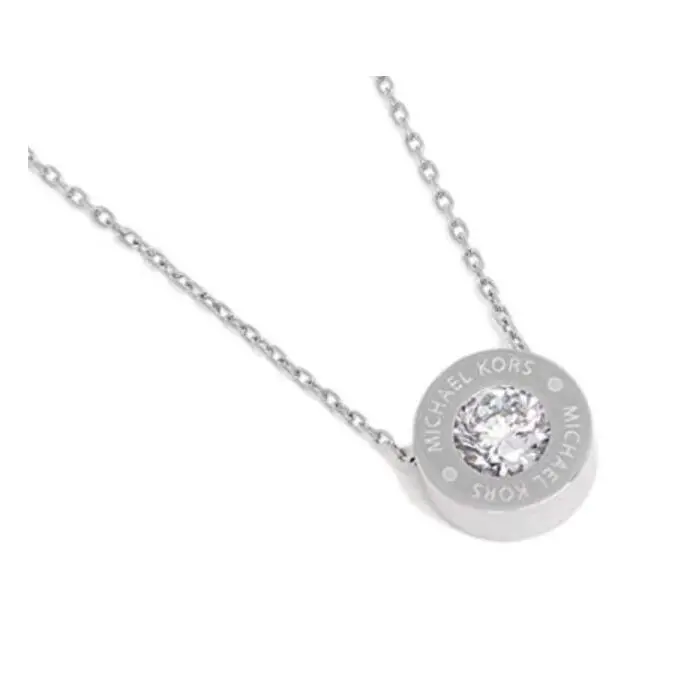 Michael Kors Silver Tone Chain+disc Crystal Pendant Necklace MKJ5341 +box