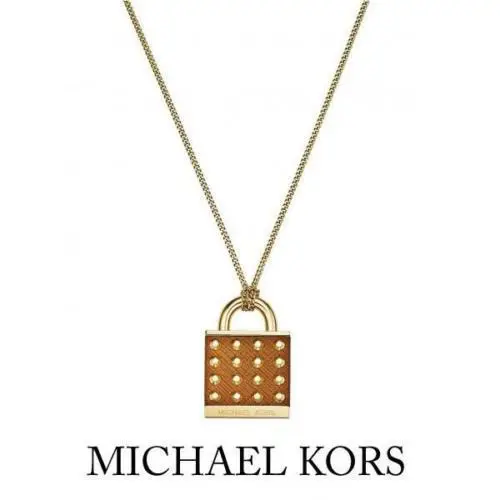 Michael Kors Gold+brown Tone Large Stud Padlock Pendant Necklace Chain MKJ4297