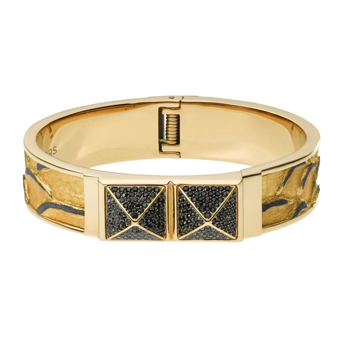 Michael Kors Gold Tone+python Leather+black Crystal Stud Bangle Bracelet MKJ2890