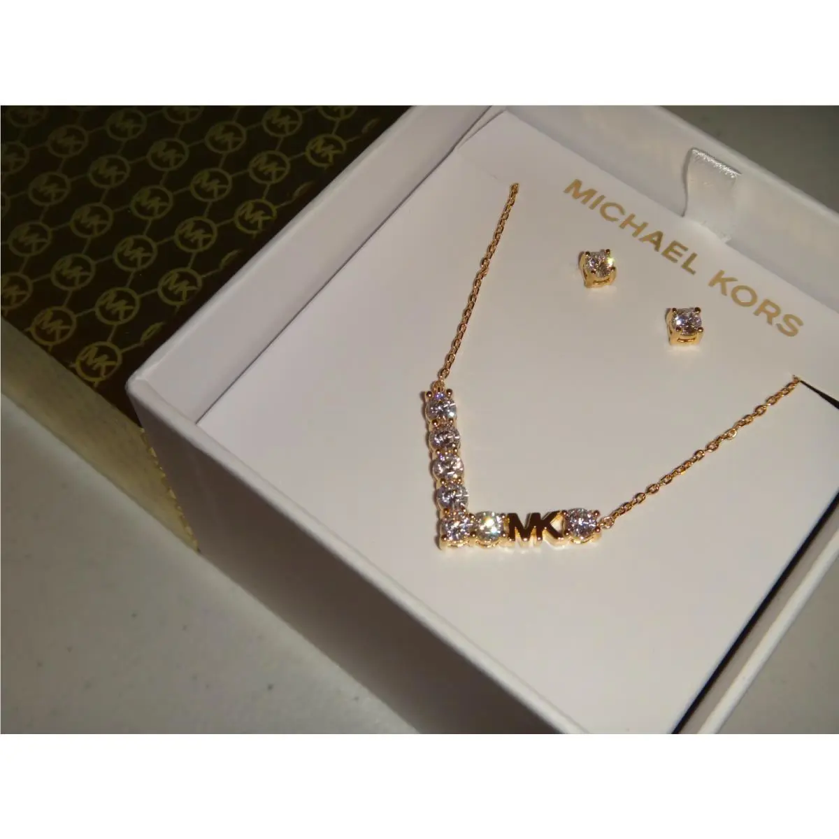 Michael Kors Gift Set Yellow Gold Necklace Earrings MK Logo Crystals +mk Box