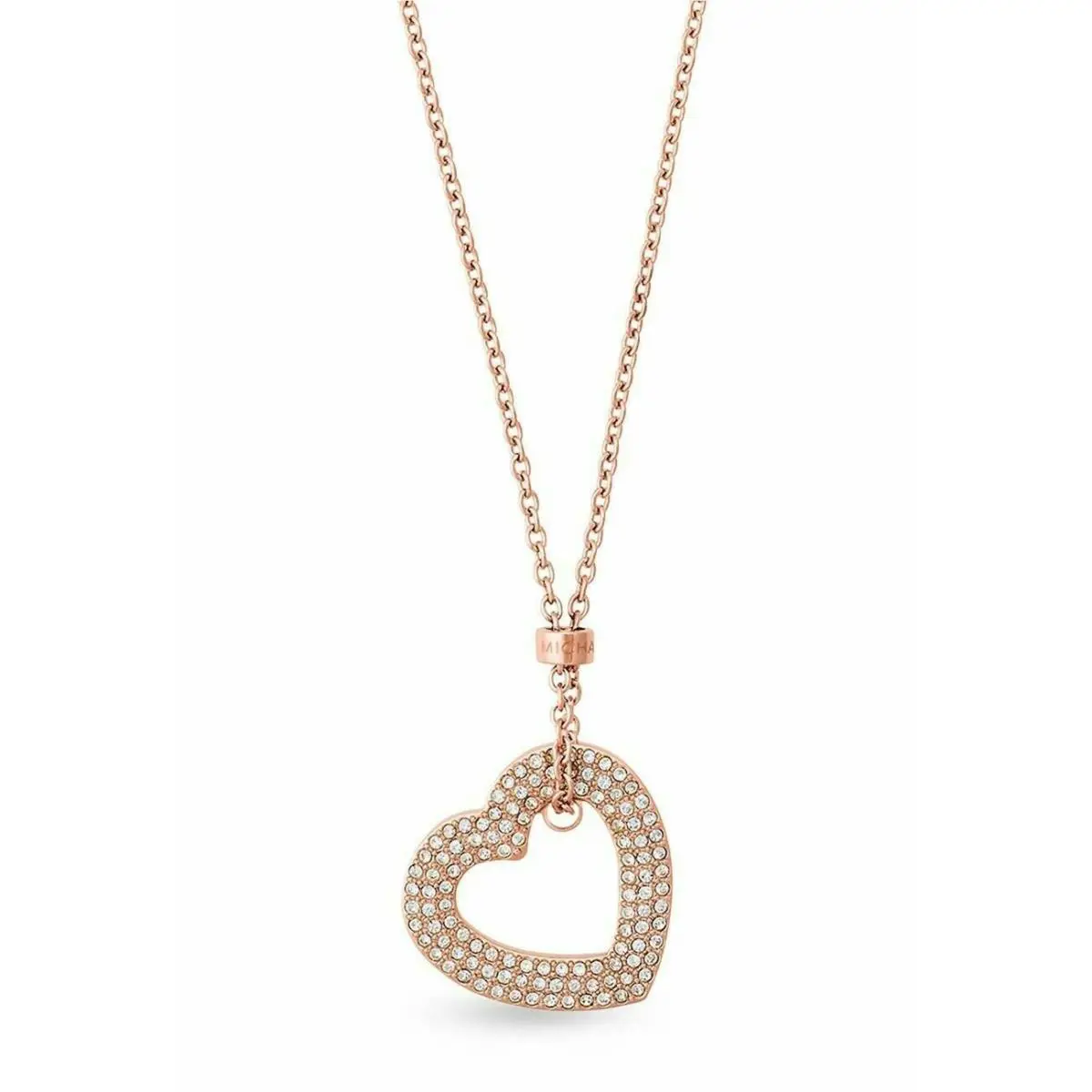 Michael Kors Rose Gold Tone Chain+heart Charm Crystals Long Necklace MKJ6382