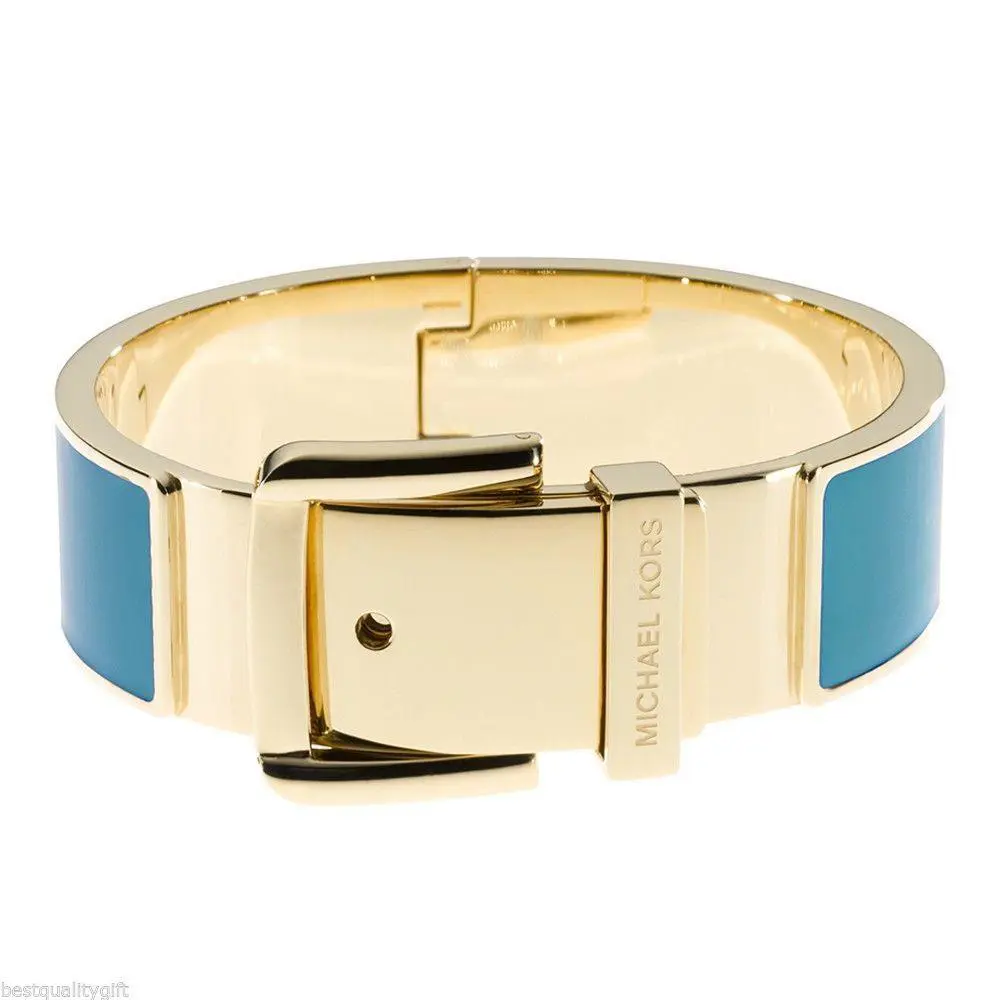 Michael Kors Gold Wide Teal Blue Enamel Belt Buckle Bangle BRACELET-MKJ2466