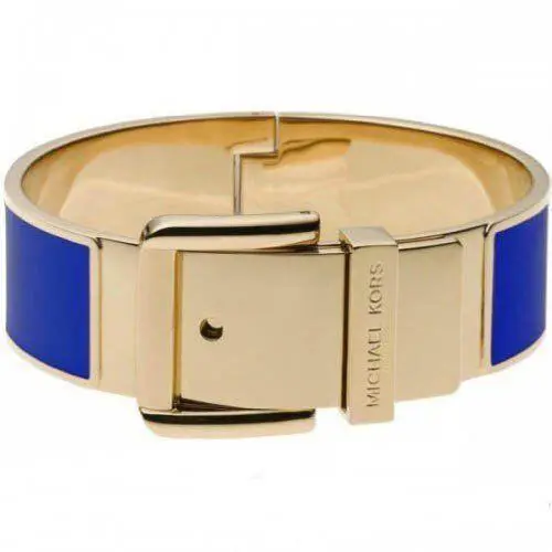 Michael Kors Gold Royal Blue Enamel Hinge Belt Buckle Bangle Bracelet MKJ2872