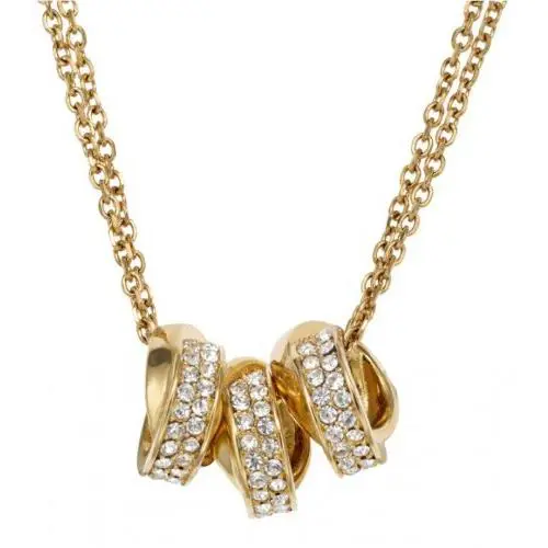 Michael Kors Gold Tone 3 Pave Crystal Ring Charms Pendant Necklace MKJ2863+POUCH