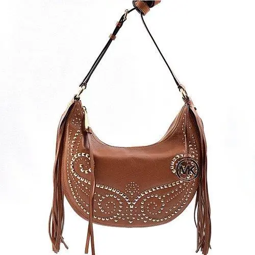 Michael Kors Rhea Luggage Brown Leather Gold Studs Fringes Slouchy Crossbody