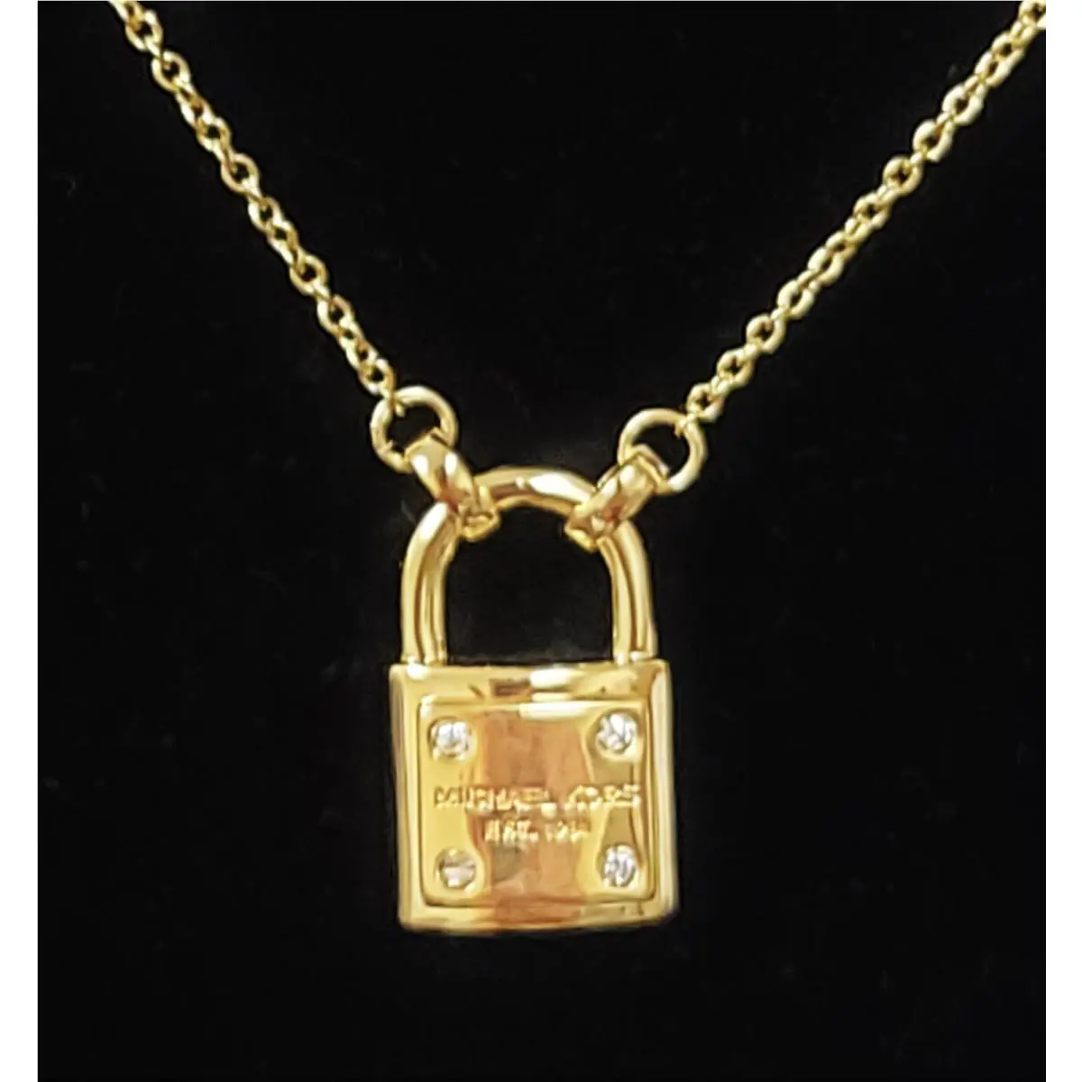 Michael Kors Gold Tone Chrystals Large Padlock Charm Chain Necklace