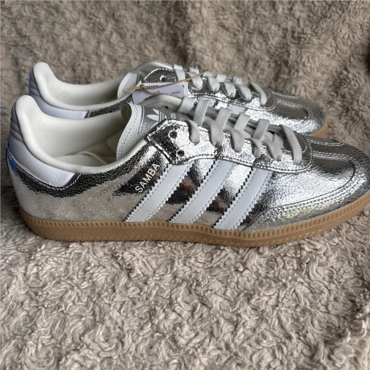 Size 8 - Adidas Samba OG Cracked Metallic Pack - Silver Womens