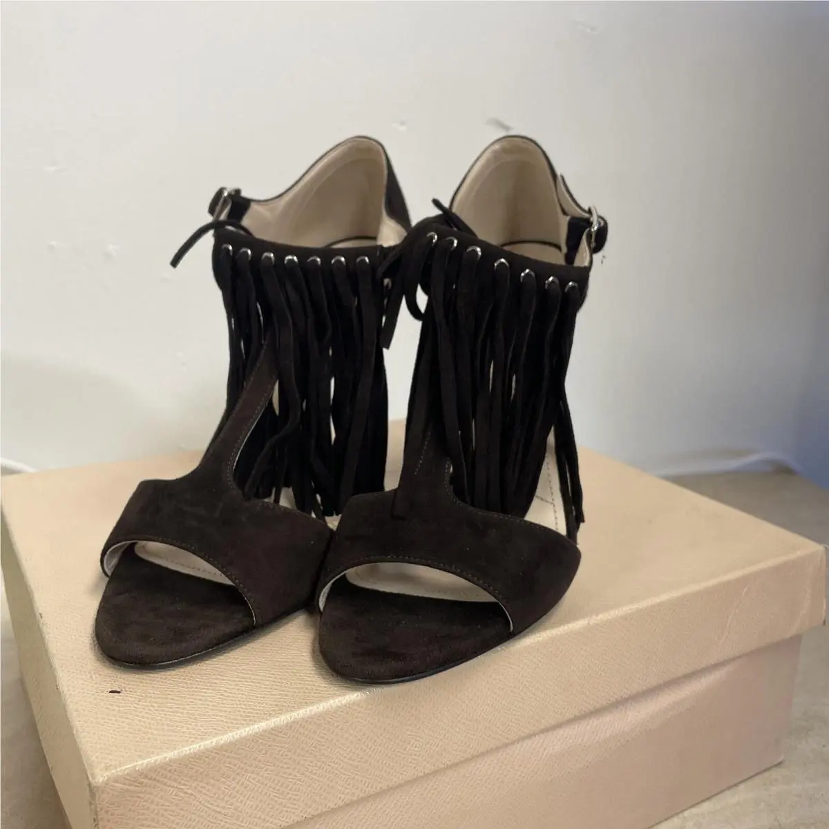 Prada Chocolate Brown Suede Fringe Heels Size 39