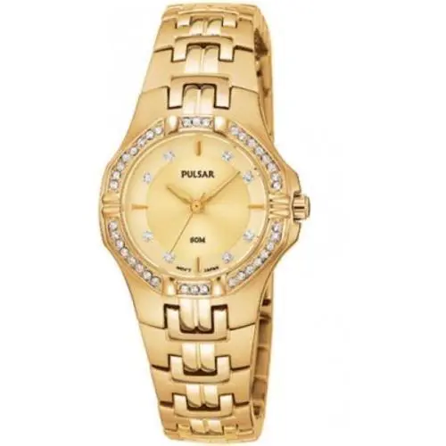 PTC390 Womens Gold-tone Swarovski Crystals Stainless Steel Bracelet Watch by Pulsar