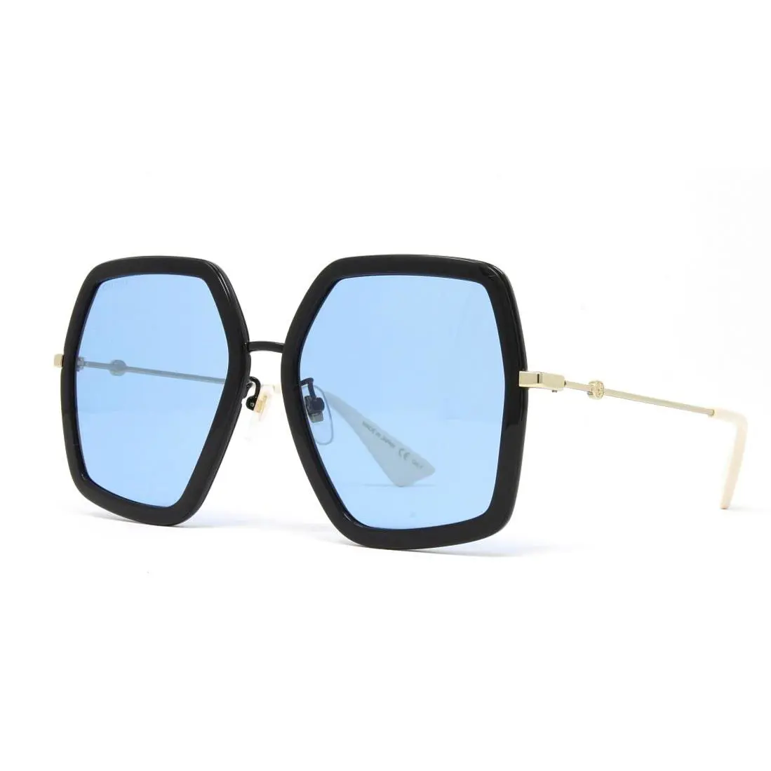 Gucci Sunglasses Women`s Black Gold Oversized 56mm Blue Lens GG0106S-011