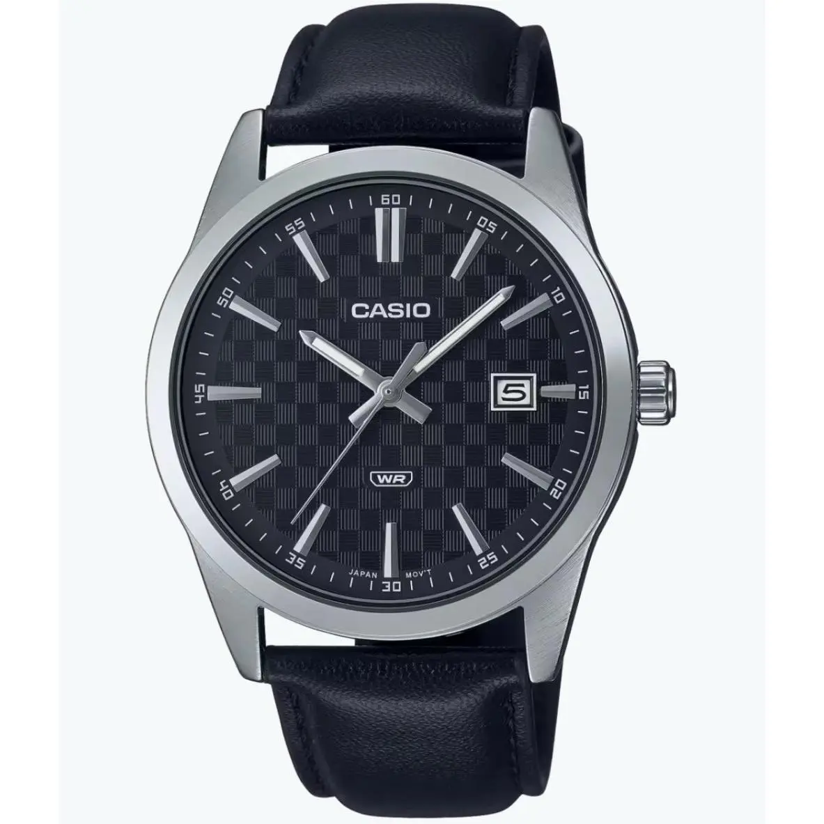 Casio MTP-VD03L-1A Black Checkered Dial Black Leather Band - Dial: Black, Band: Black, Bezel: Silver