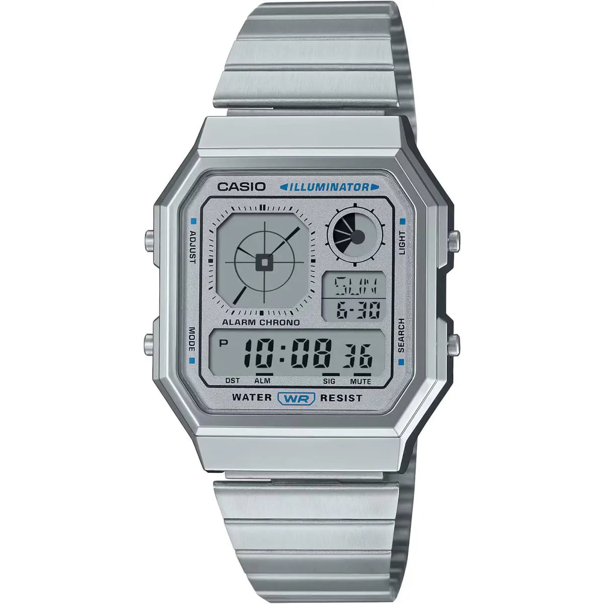 Casio Unisex Watch World Time Silver and Grey Digital Dial Bracelet A130WE-7ACF - Dial: Silver, Grey, Band: Silver