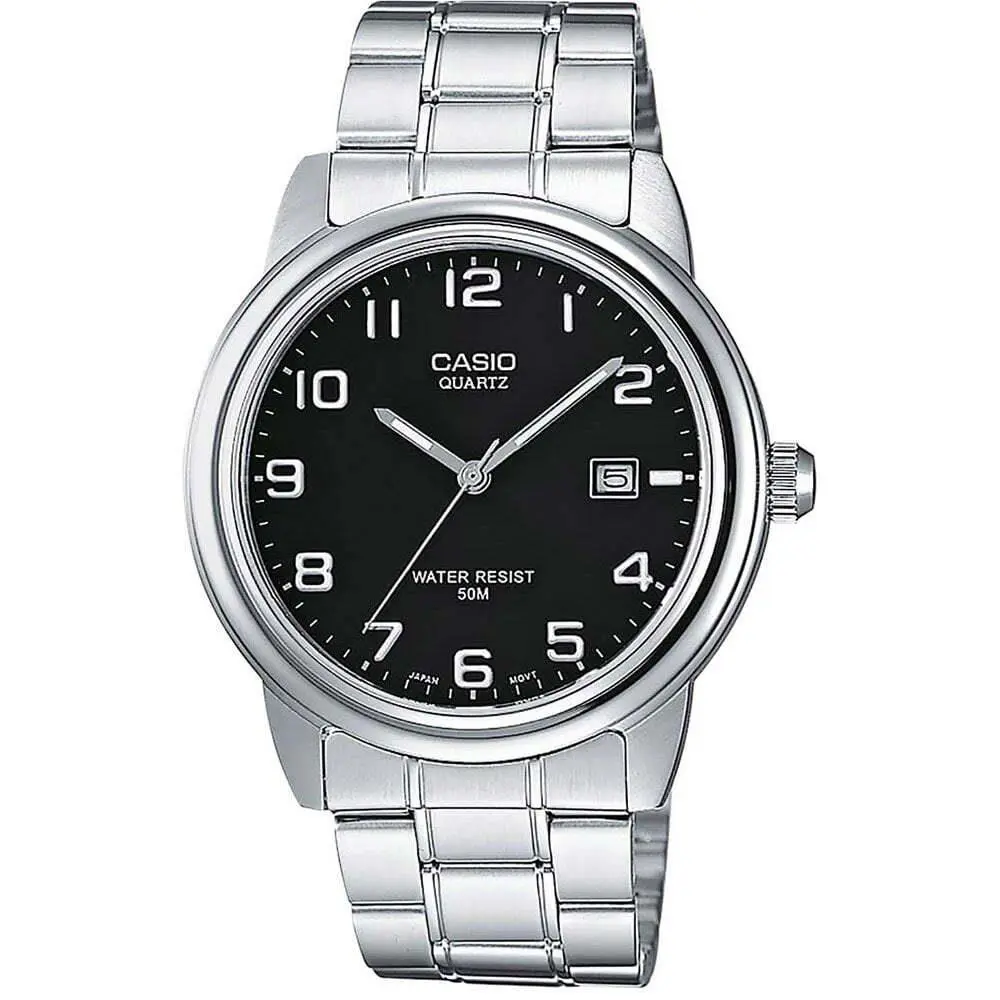 Casio MTP1221A-1A Men`s Collection Analogue Silver Stainless Steel Band Watch - Dial: Black, Band: Silver, Bezel: Silver
