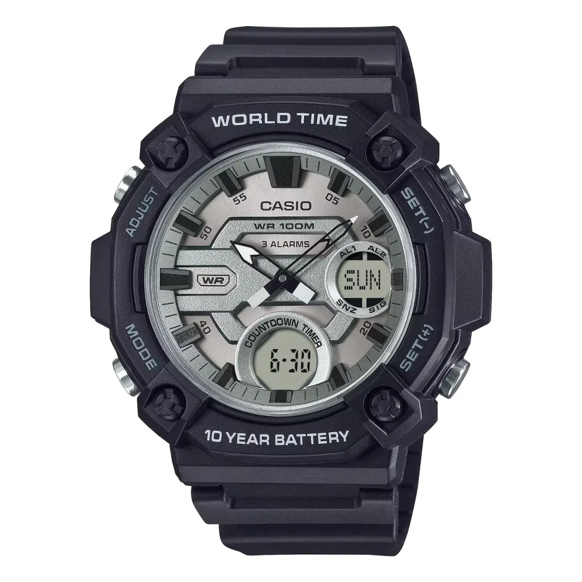 Casio Men`s World Time Telememo Timer Black Quartz Watch 53.3MM AEQ-120W-7AVCF