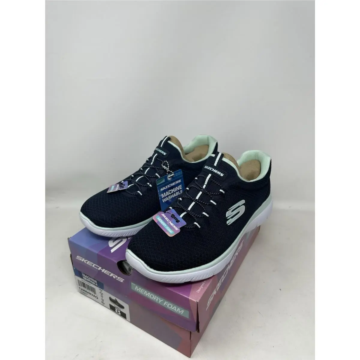 Skechers Summits Women Size 8 Navy Aqua Bungee Laced Slip-on Sneaker Shoes