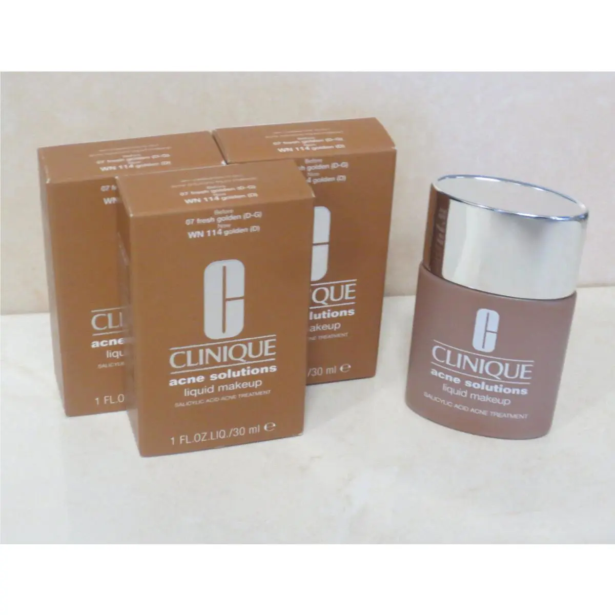 3 Clinique Acne Solutions Liquid Makeup Shade WN 114 Golden D 1 OZ Boxed