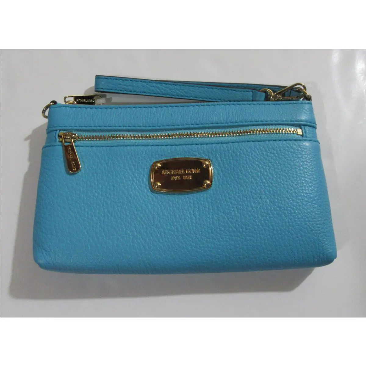Michael Kors Jet Set Item Large Leather Wristlet Clutch Aquamarine