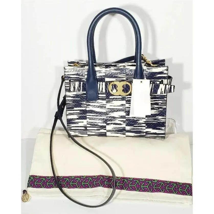 Tory Burch Gemini Link Snakeskin Small Tote Crossbody Navy Space Dye Purse