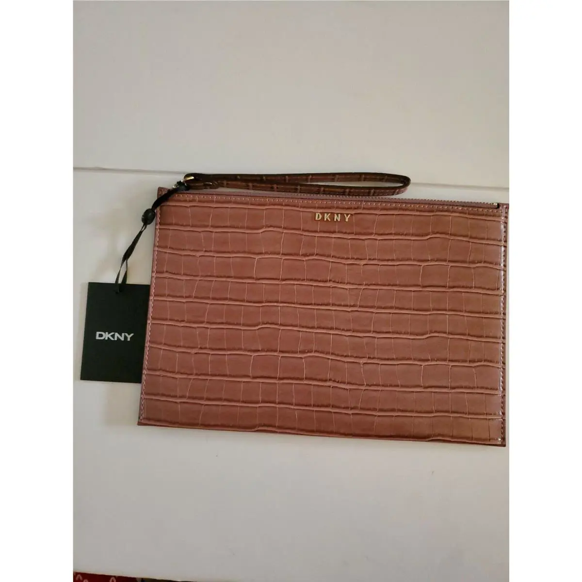 Dkny Pink Leather Croc Embossed Top Zip Wristlet
