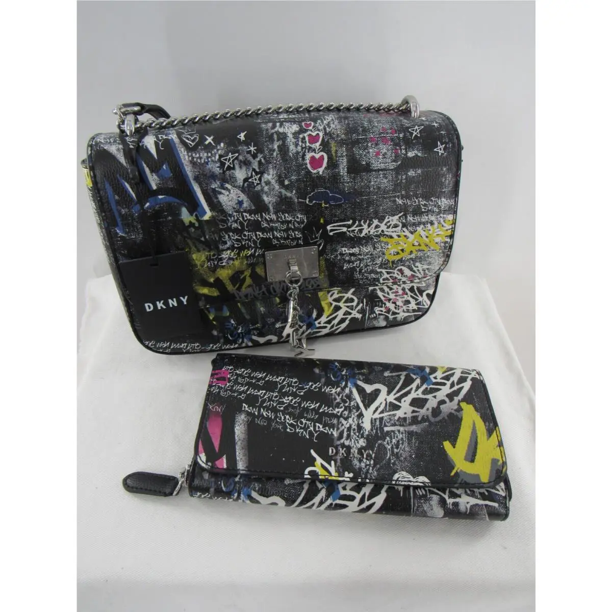 Dkny Crossbody Graffiti Print Elissa Black Yellow W/matching Wallet Handbag Set