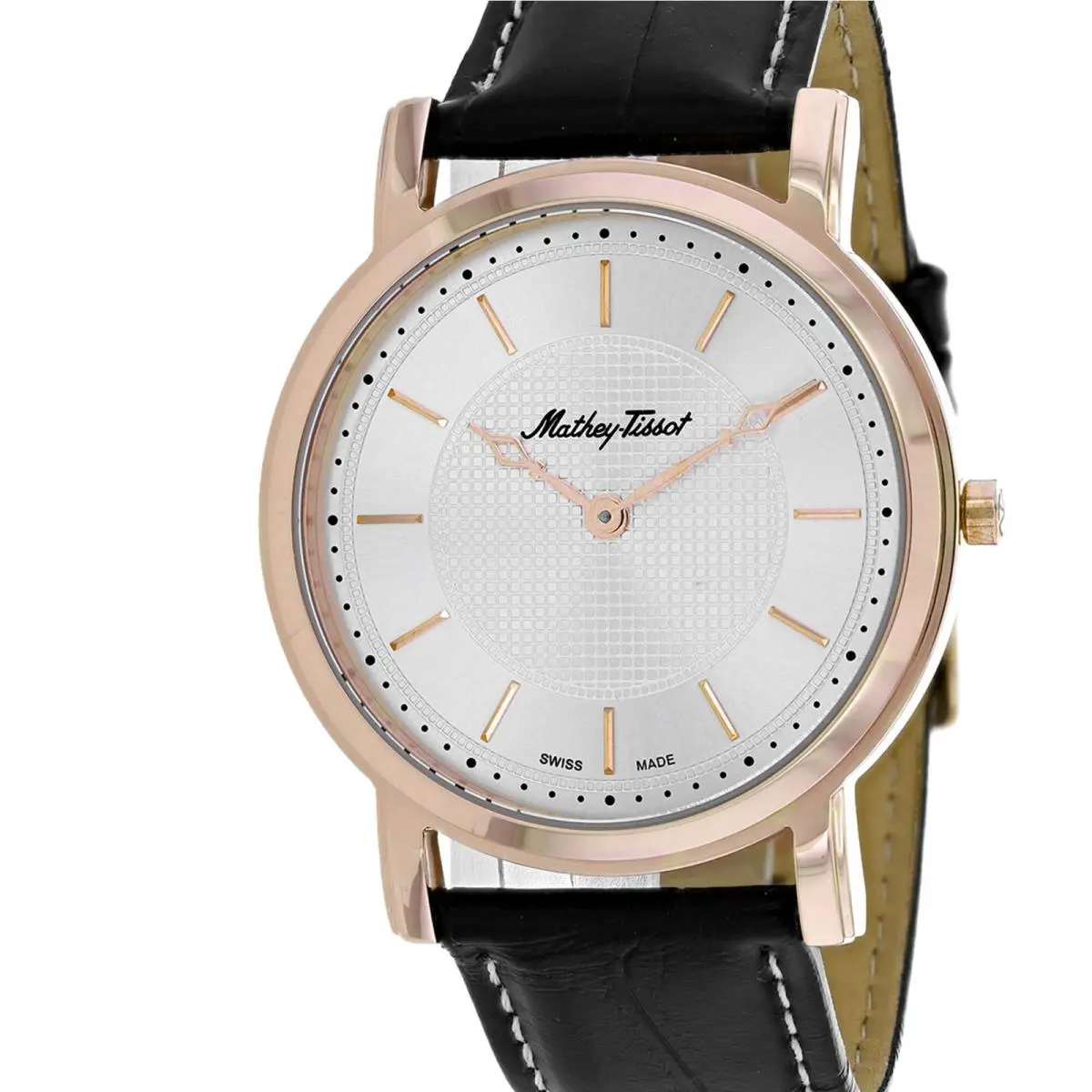 Mathey Tissot Men`s Watch City Rose Gold Case Silver Dial Black Strap H611252PS