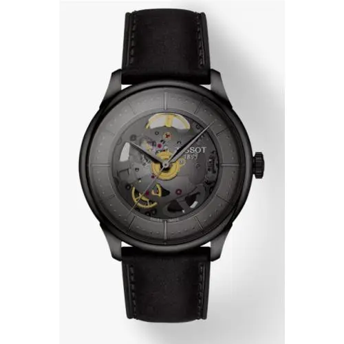 Tissot Chemin Des Tourelles Skeleton Gunmetal Dial Men`s Watch T1398363644100 - Dial: Black, Band: Black, Bezel: Black