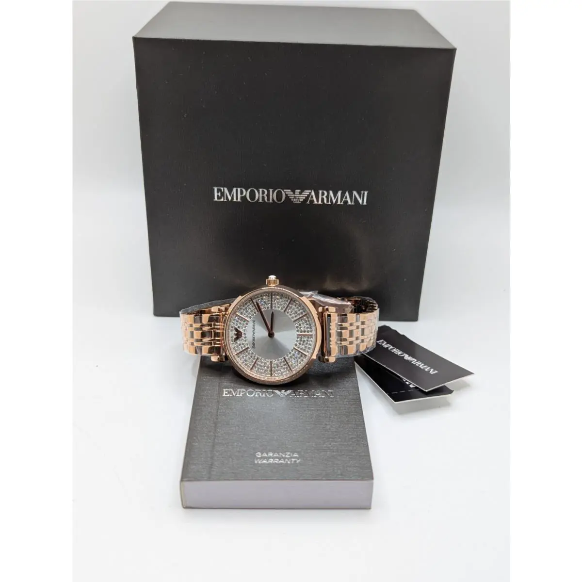 Emporio Armani Gianni T-bar AR11446 Womens Rose Gold Band Silver Dial Wristwatch