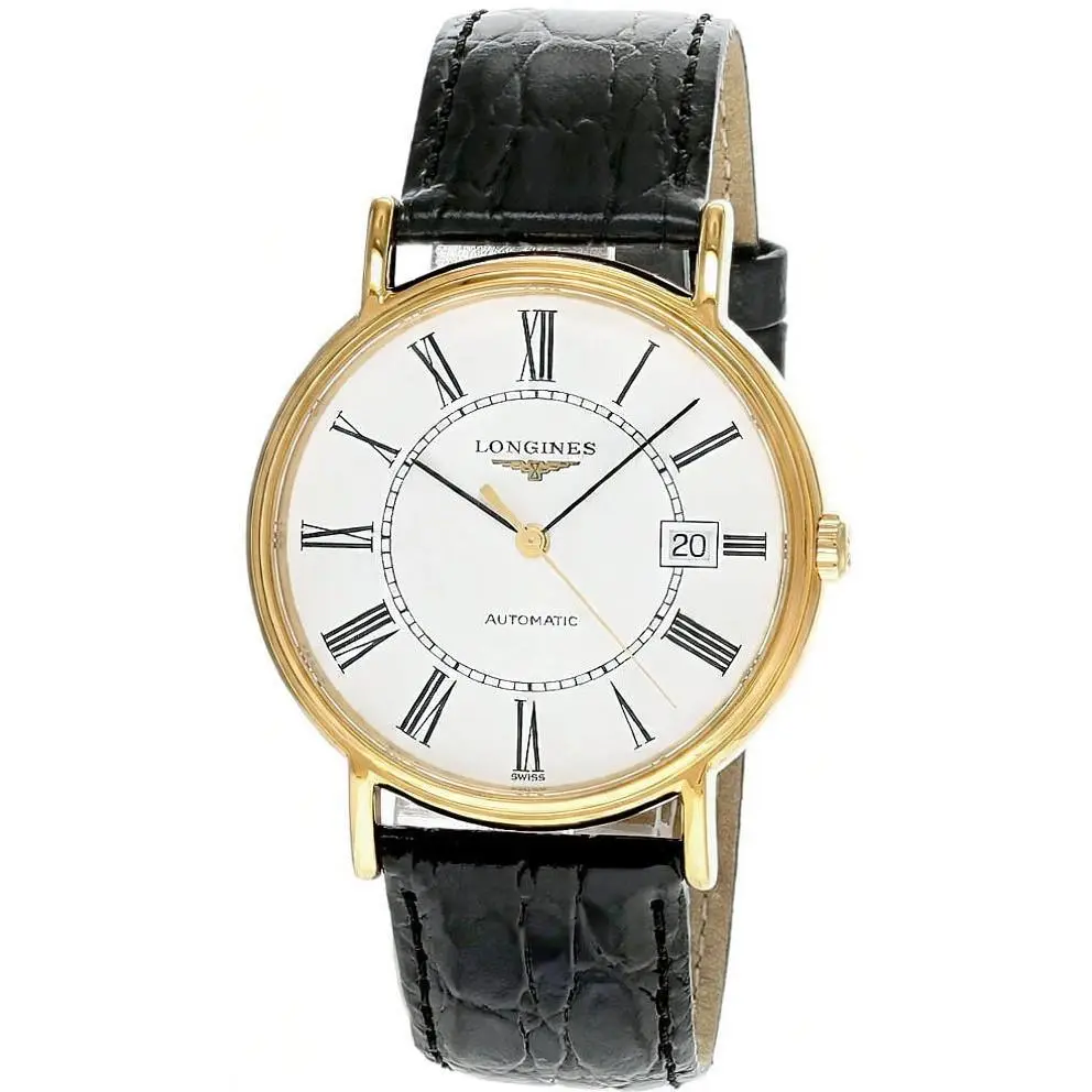 Longines L4.921.2.11.2 Men`s Presence 38.5mm Gold Case White Dial Leather Watch - Dial: White, Band: Black, Bezel: Gold