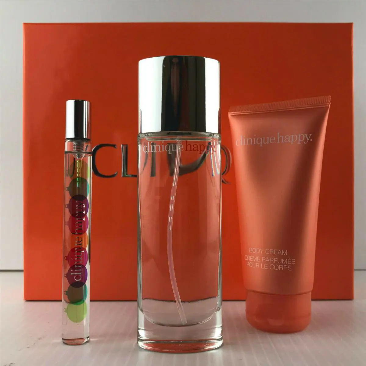 Clinique Happy 3pc Set Parfum Spray 1.7 oz Body Cream 2.5 Mini Spray