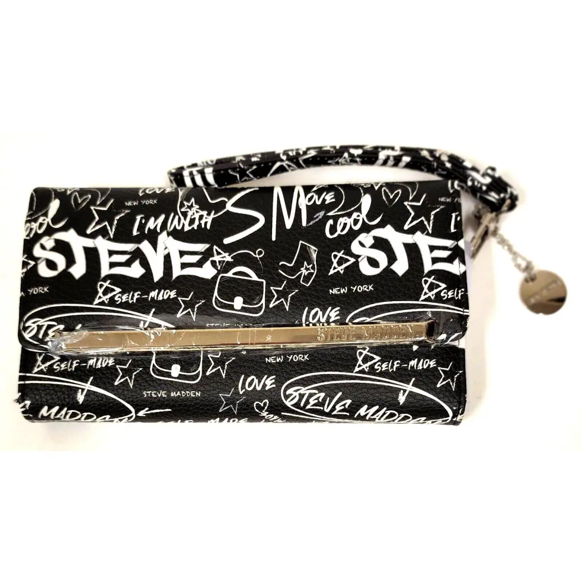 Steve Madden Printed Black White Logobar Silver Magnet Trifold Wristlet Wallet