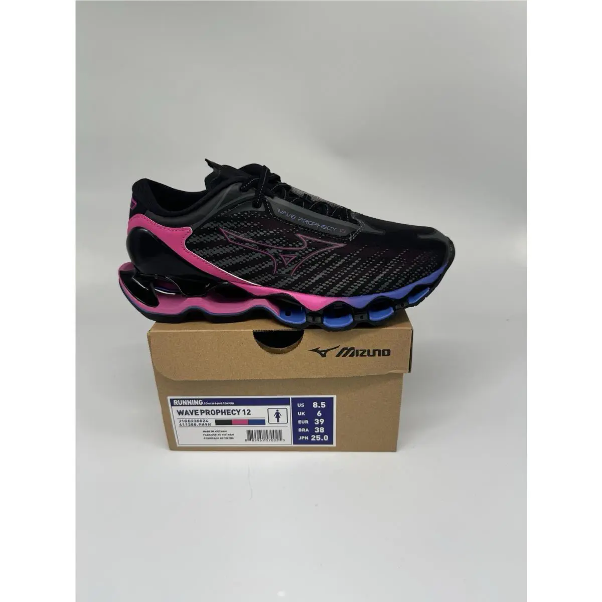 Mizuno Wave Prophecy 12 Women Size 8.5 Color-black Pink and Blue Made In Vietnam