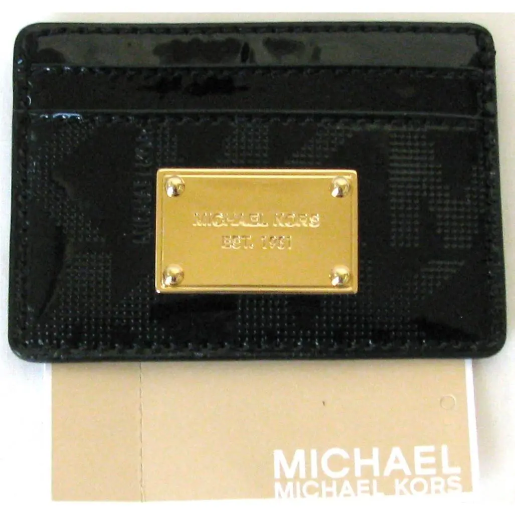 Michael Kors Item Black MK Sig Mirror Metallic+gold Tone Card Case Wallet