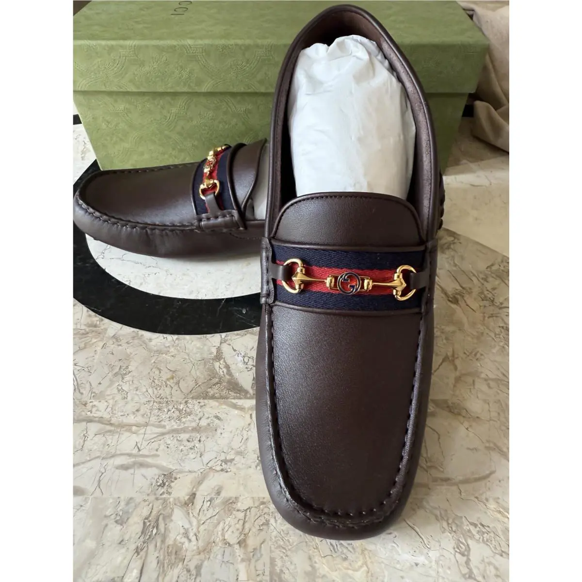 Gucci Brown Leather GG Buckle Canvas Strip Loafers Shoes Men`s UK 12 US 12.5