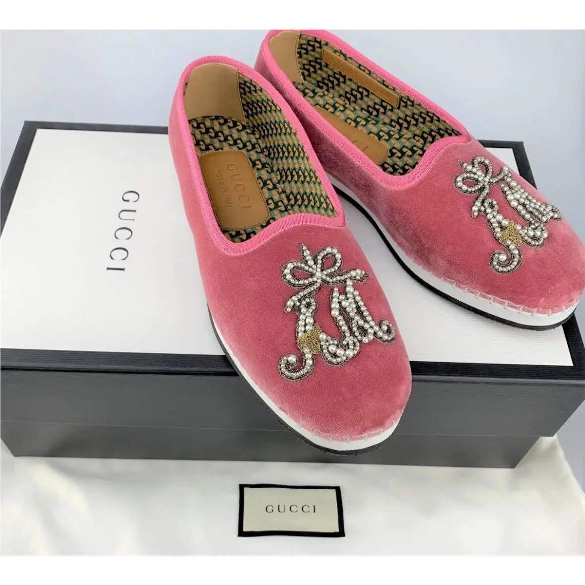 Gucci Mens Velvet Loafers Shoes Pink US 8.5