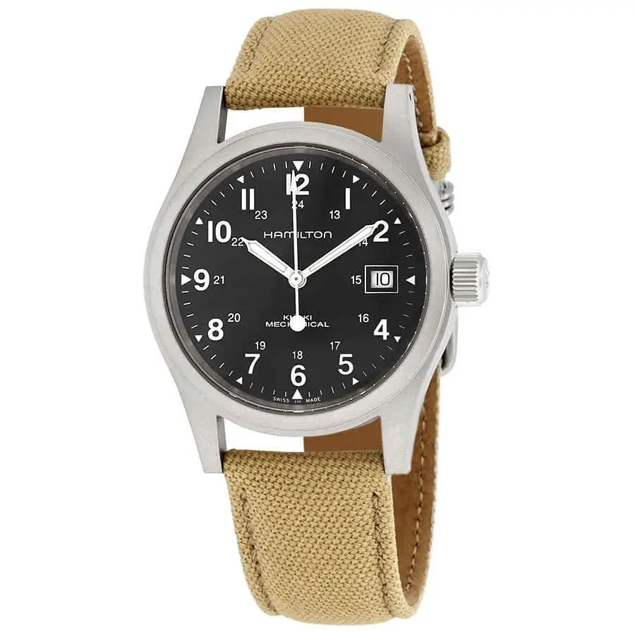 Hamilton Khaki Field Hand Wind Black Dial Men`s Watch H69439933 - Dial: Black, Band: Beige, Bezel: Silver