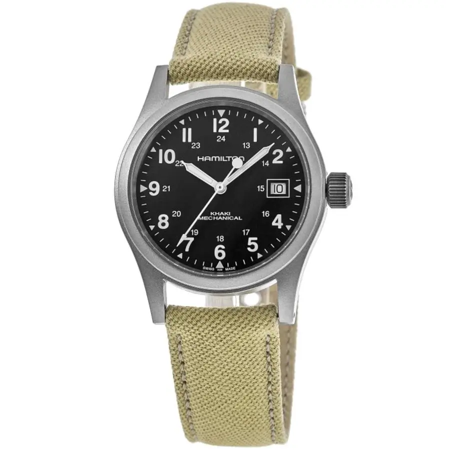 Hamilton Khaki Field Mechanical Black Dial Fabric Men`s Watch H69439933 - Black / Beige, Face: Black, Dial: Black