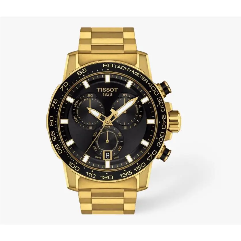 Tissot Supersport Chrono Black Dial Stainless Steel Men`s Watch T1256173305101 - Dial: Black, Band: Gold, Bezel: Black
