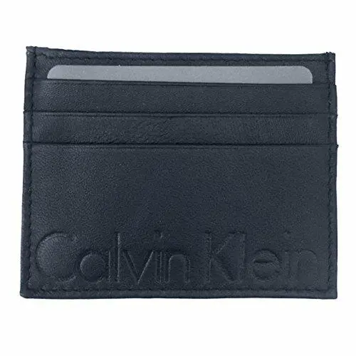 Calvin Klein Soft Black Leather Logo Men`s Thin Flat Card Case Wallet
