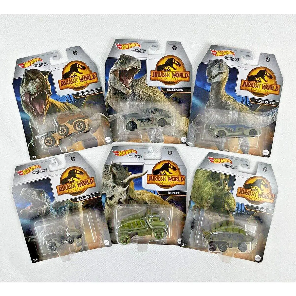 Hot Wheels Jurassic World Complete Set of 6 Cars T-rex Triceratops Blue