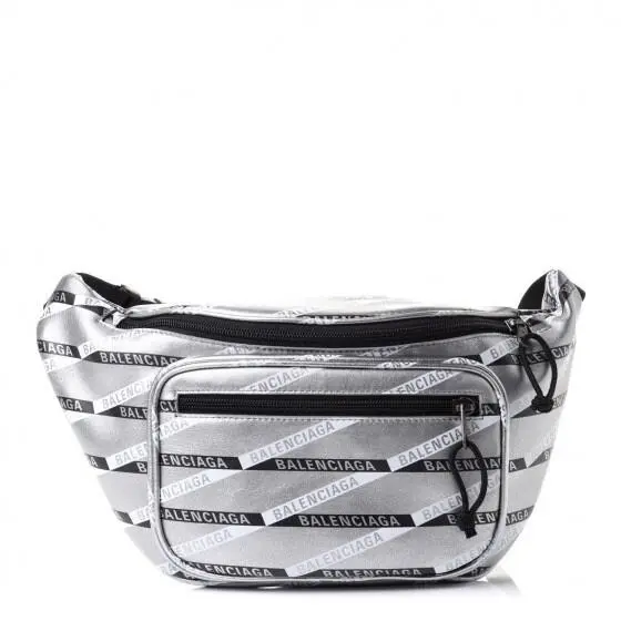 Balenciaga Metallic Calfskin Monogram Explorer Logo Belt Bag Silver/black