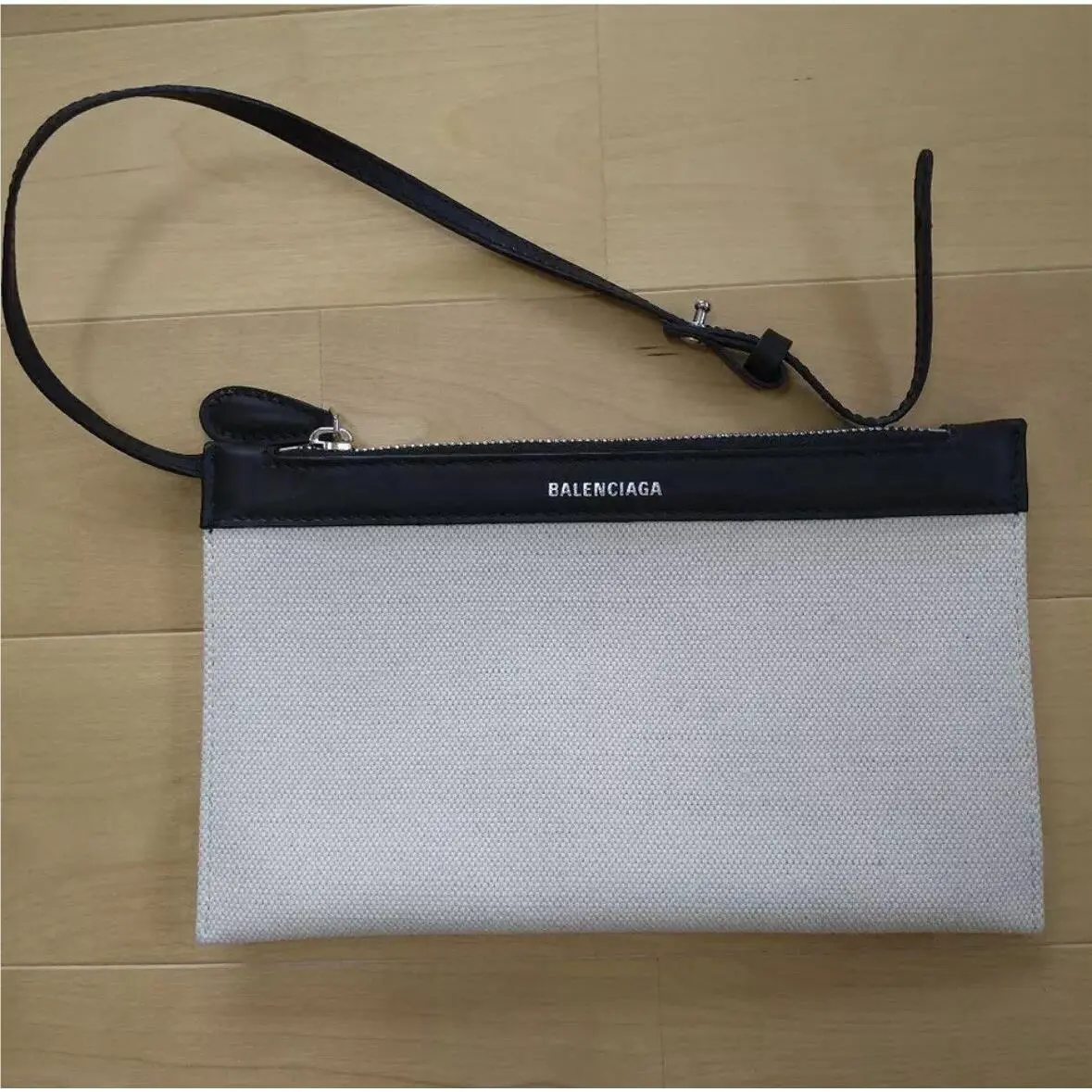 Canvas Leather Trim Pouch Beige with Attachment Strap by Balenciaga