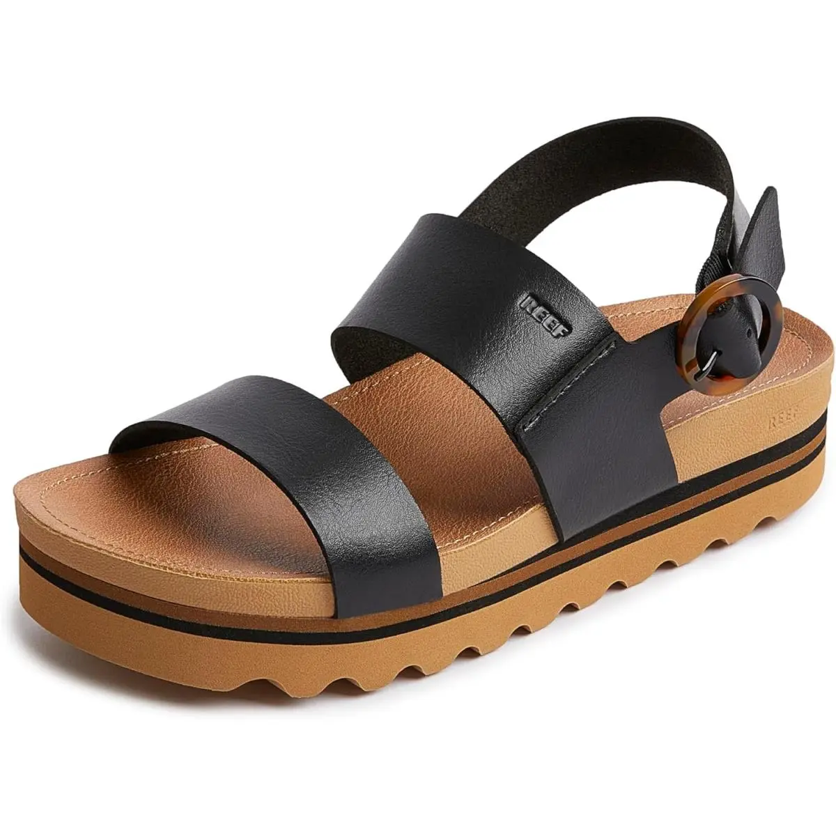 Vista Hi Buckle Women`s Platform Fashion Sandal Arch Support Black/Tan by Reef