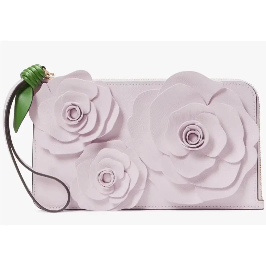 Kate Spade Flora Flower Medium L-zip Pale Amethyst Wristlet KK972 Lilac