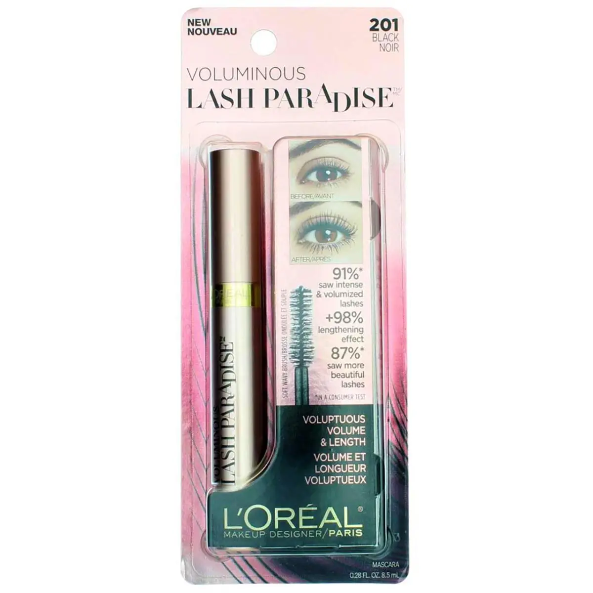 5 Pack L`oreal Paris Voluminous Lash Paradise Mascara Black 201 0.28 fl oz